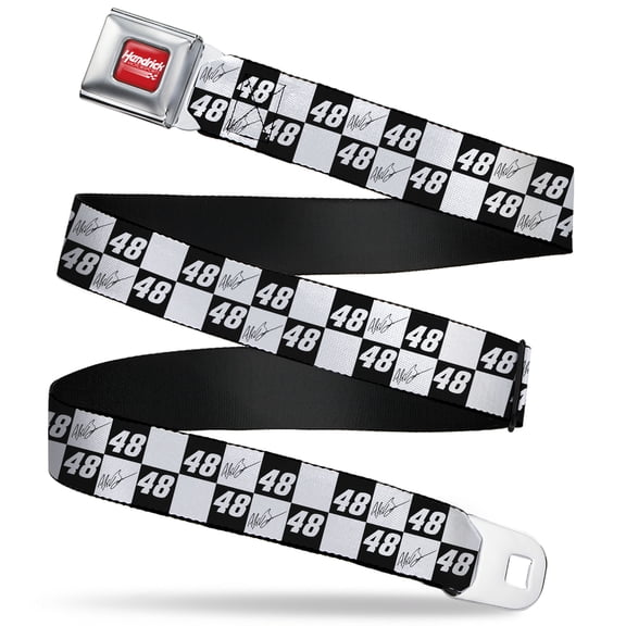 Hendrick Motorsports Belt, Seatbelt Buckle Belt, Alex Bowman Autograph and #48 Checker Logo Black White, 34 to 52 Inches