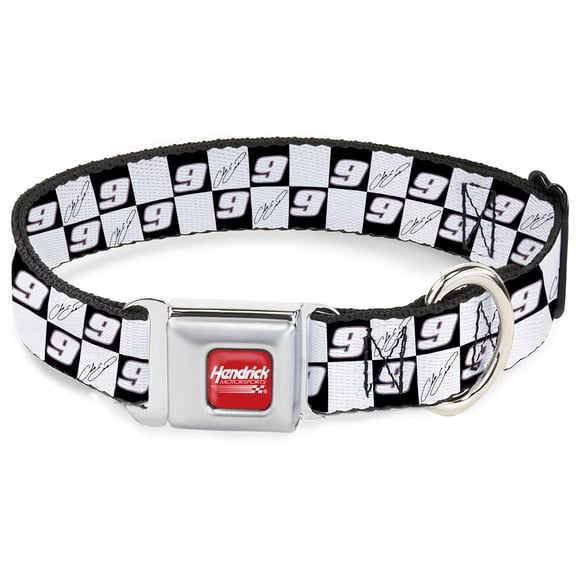 Hendrick Motorsports Pet Collar, Dog Collar Metal Seatbelt Buckle, HMS Autograph and Checker Logo Black White Blue, 9.5 to 13 Inches 1.0 Inch Wide