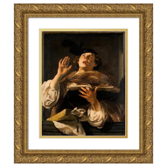 Hendrick Ter Brugghen 15x18 Gold Ornate Wood Frame and Double Matted Museum Art Print Titled - The Singer (1620s)