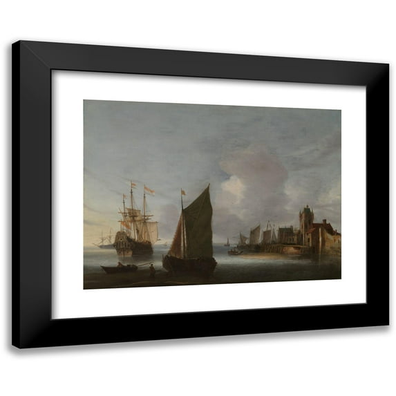 Hendrick van Anthonissen 18x14 Black Modern Framed Museum Art Print Titled - Ships Near Zierikzee with the Zuidhavenpoort in the Background (C. 1640 - C. 1650)