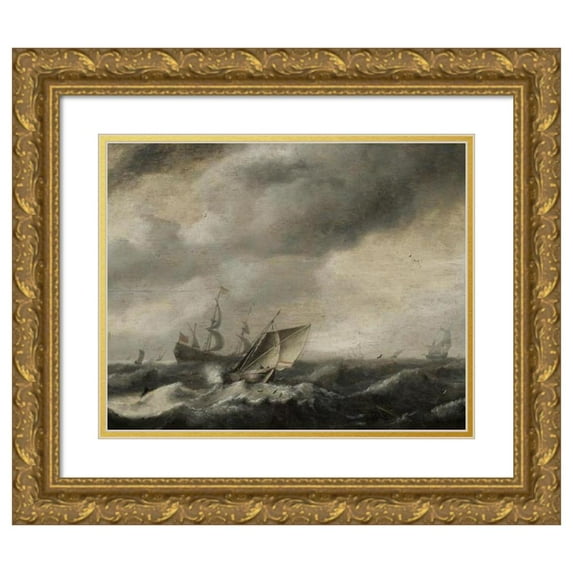 Hendrick van Anthonissen 24x20 Gold Ornate Framed and Double Matted Museum Art Print Titled - Ships on the Sea