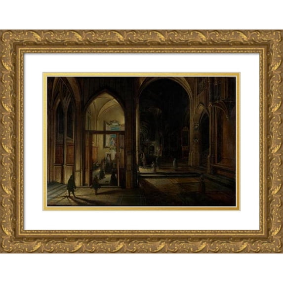 Hendrick van Steenwijck the Younger 14x11 Gold Ornate Wood Frame and Double Matted Museum Art Print Titled - Interior of a Gothic Church At Night (1609)