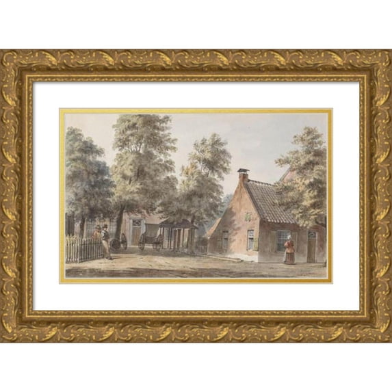 Hendrik Abraham Klinkhamer 18x13 Gold Ornate Wood Frame and Double Matted Museum Art Print Titled - Village Face with Two Men on the Left Leaning Against a Fence (1820 - 1872)