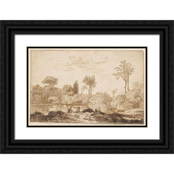 Hendrik Cornelisz. Vroom 18x13 Black Ornate Wood Framed Double Matted Museum Art Print Titled - River Landscape with Traveler (17th Century)
