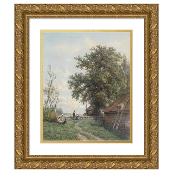 Hendrik Dirk Kruseman van Elten 12x14 Gold Ornate Wood Frame and Double Matted Museum Art Print Titled - Farmyard with Some Figures, on the Right a Shed and Large Tree (1839 - 1904)