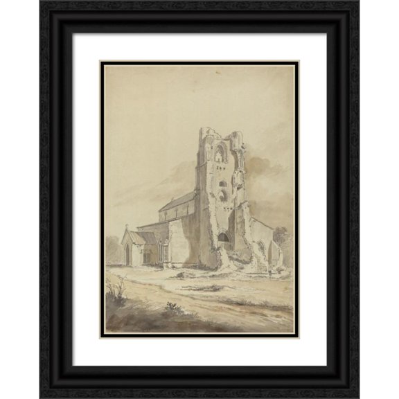 Hendrik Frans de Cort 18x24 Black Ornate Framed Double Matted Museum Art Print Titled: Ruined Church (Probably 1794)