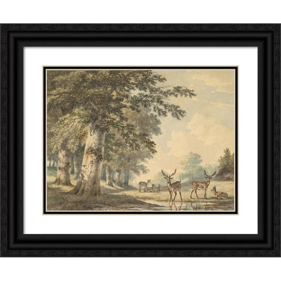 Hendrik Gerrit ten Cate 18x14 Black Ornate Wood Framed Double Matted Museum Art Print Titled - Deer Under Beech Trees in Winter (1853)