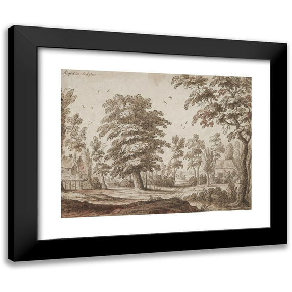 Hendrik Hondius the Elder 14x12 Black Modern Framed Museum Art Print Titled - Trees and Two Cottages (17th Century)