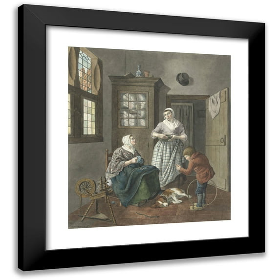 Hendrik Jan van Amerom 20x22 Black Modern Framed Museum Art Print Titled - Interior with Sewing Woman, Maid and Playing Boy (1797)