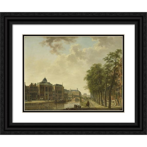 Hendrik Keun 18x15 Black Ornate Wood Framed Double Matted Museum Art Print Titled - View of the Houtmarkt, Amsterdam (C. 1760 - C. 1787)