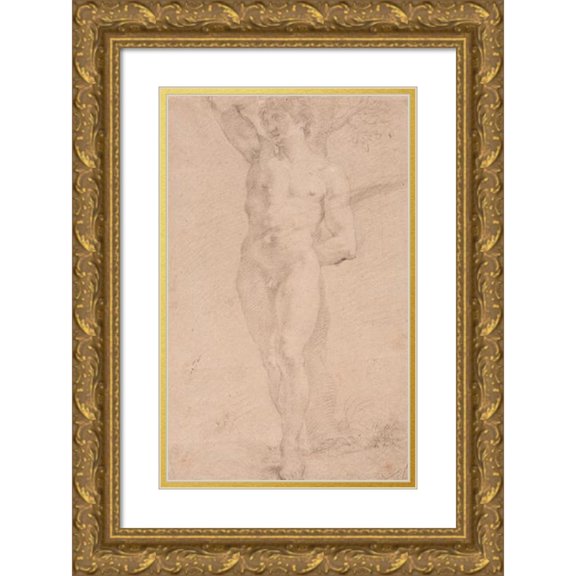 Hendrik Krock 13x18 Gold Ornate Wood Frame and Double Matted Museum Art Print Titled - Standing Young Man with Right Arm Raised (1696)