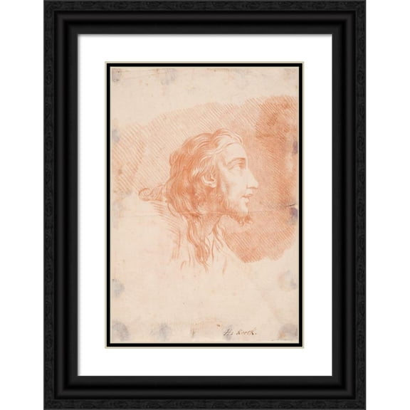 Hendrik Krock 18x24 Black Ornate Framed Double Matted Museum Art Print Titled: Male Head with Beard and Long Hair (Christ) (1686 - 1738)