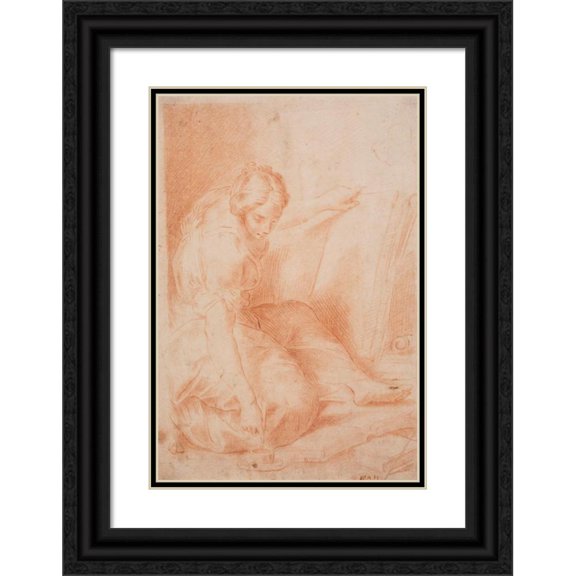Hendrik Krock 18x24 Black Ornate Framed Double Matted Museum Art Print Titled: Woman Writing in a Foil. (Fama) (1671 - 1738)