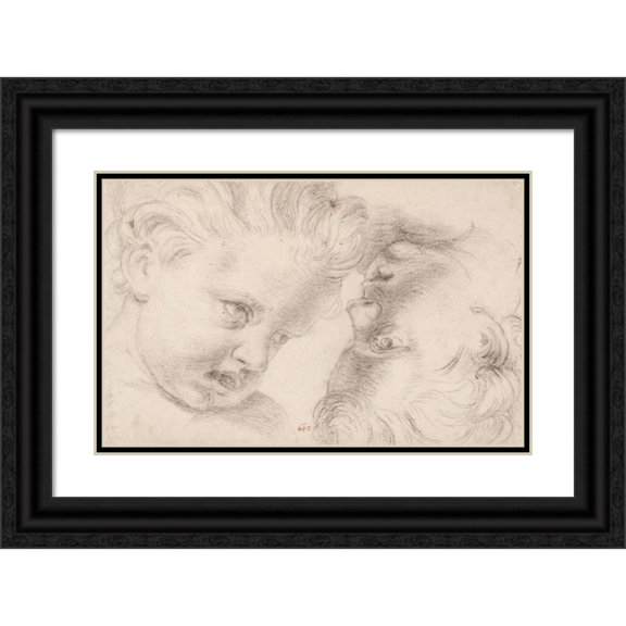 Hendrik Krock 24x17 Black Ornate Framed Double Matted Museum Art Print Titled: Two Children's Heads (1671 - 1738)