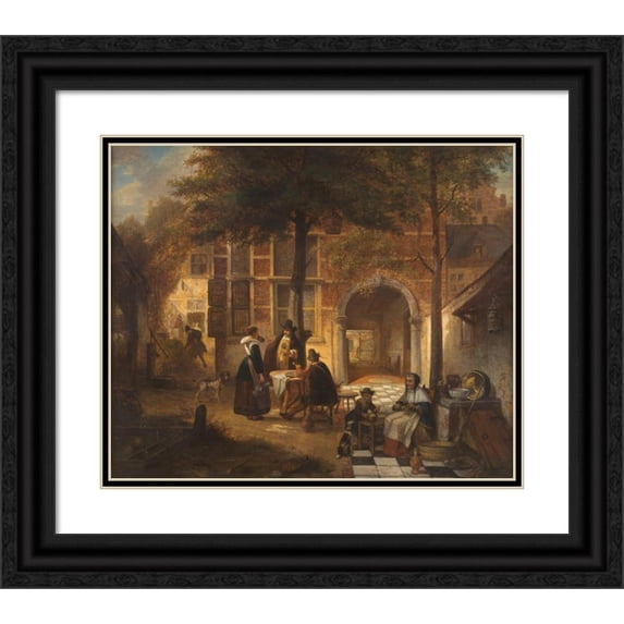 Hendrik Leys 14x12 Black Ornate Wood Framed Double Matted Museum Art Print Titled: Antwerp Society in Summer Courtyard (1869)