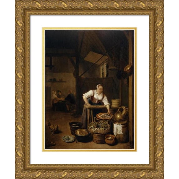 Hendrik Martensz. Sorgh 15x18 Gold Ornate Wood Frame and Double Matted Museum Art Print Titled - Maid Preparing Fish (1657)