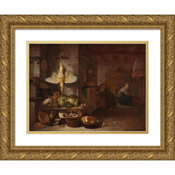 Hendrik Martensz. Sorgh 18x15 Gold Ornate Wood Frame and Double Matted Museum Art Print Titled - A Kitchen (ca. 1653-60)