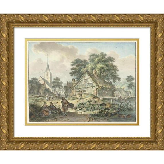 Hendrik Meijer 14x12 Gold Ornate Wood Frame and Double Matted Museum Art Print Titled - Extensive Property and Dorpskerk (1777)