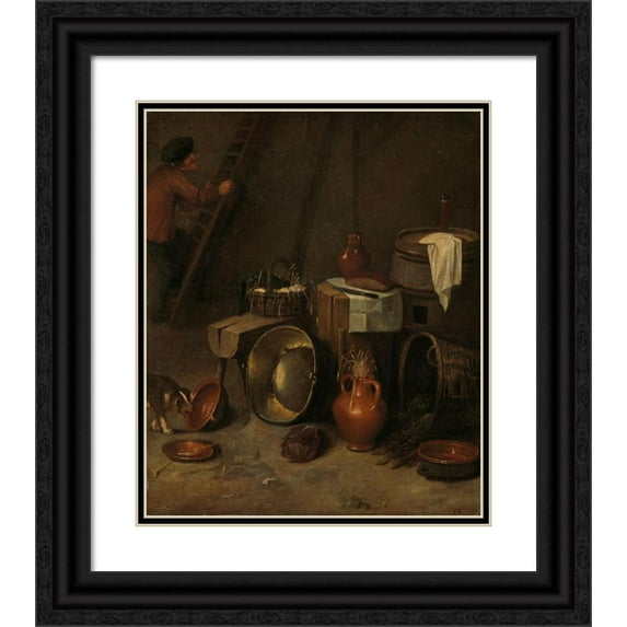 Hendrik Potuyl 20x23 Black Ornate Framed Double Matted Museum Art Print Titled: Still Life in a Stable (1639 - 1649)