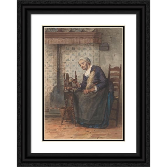 Hendrik Valkenburg 14x18 Black Ornate Wood Framed Double Matted Museum Art Print Titled - Old Woman in Interior on Spinning Wheel (1878)
