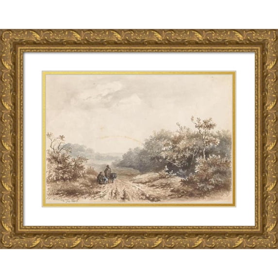 Hendrik Valkenburg 18x14 Gold Ornate Wood Frame and Double Matted Museum Art Print Titled - Landscape with a Family, a Sheep and a Dog (1842)
