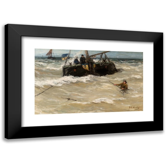 Hendrik Willem Mesdag 14x10 Black Modern Framed Museum Art Print Titled - Fishing Boats in the Surf