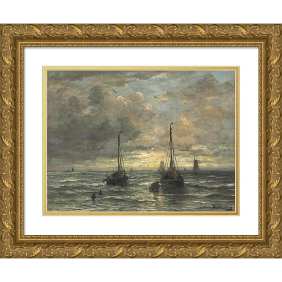 Hendrik Willem Mesdag 14x11 Gold Ornate Wood Frame and Double Matted Museum Art Print Titled - Return of the Fishing Fleet