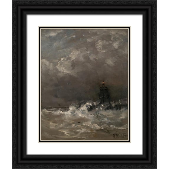 Hendrik Willem Mesdag 20x24 Black Ornate Framed Double Matted Museum Art Print Titled: Lighthouse in Breaking Waves (C. 1900 - C. 1907)