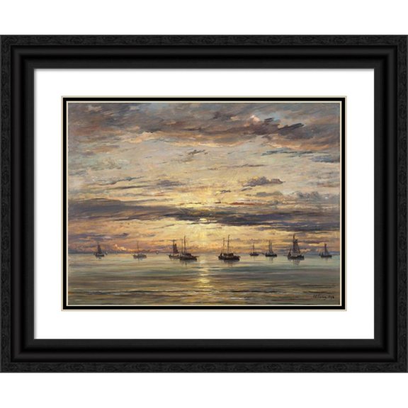 Hendrik Willem Mesdag 24x19 Black Ornate Framed Double Matted Museum Art Print Titled: Sunset at Scheveningen - a Fleet of Fishing Vessels at Anchor (1894)