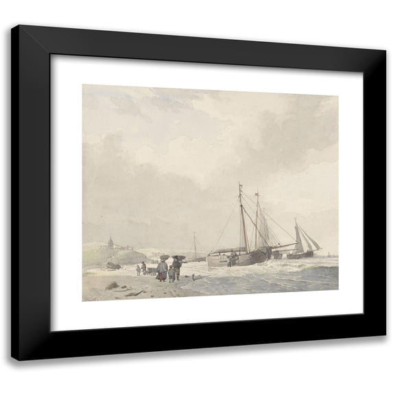 Hendrikus van de Sande Bakhuyzen 14x12 Black Modern Framed Museum Art Print Titled - View of the Beach at Scheveningen (1805 - 1860)