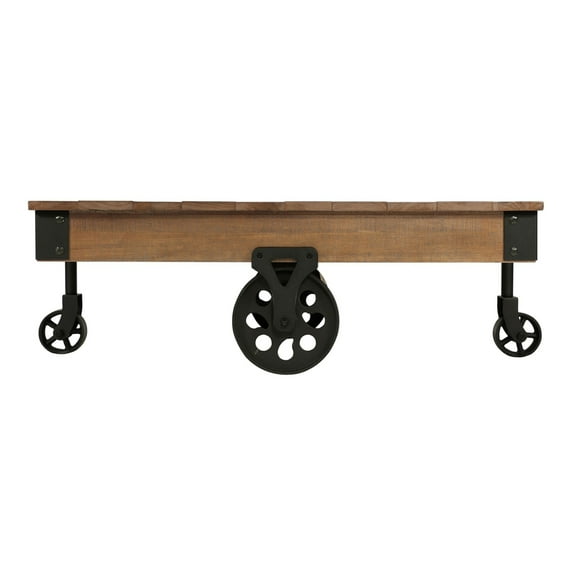 Lazzara Home Hendrix 47 in. Rustic Poplar and Rustic Black Metal Rectangular Wood Coffee Table With Functional Wheels