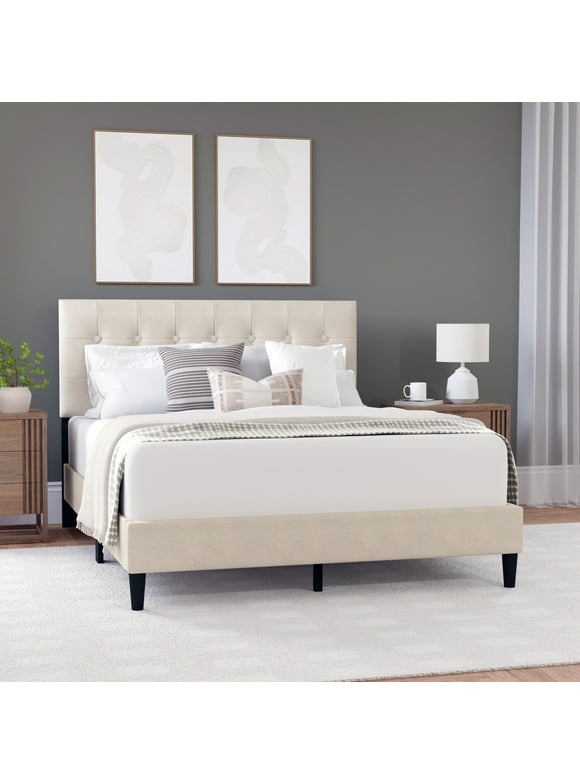 Hendrix Button Tufted Upholstered Queen Platform Bed, Beige, by Hillsdale Living Essentials