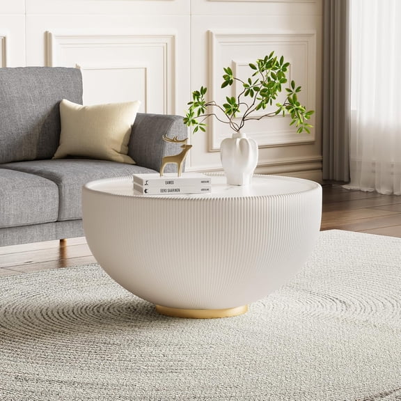 Henf 27.56" Round Marble Coffee Table, White Sintered Stone Fluted Coffee Tables for Living Room, White PU Leather Covered & Gold Metal Base, Luxury Bucket Shape Tea Cocktail Center Table