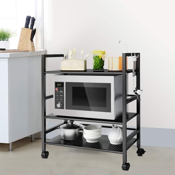 Henf 3-Shelf Metal Rolling Kitchen Cart Microwave Stand,Wire Shelving Unit Storage Rack,Mobile Utility Cart Baker Rack with Lockable Wheels (Black)