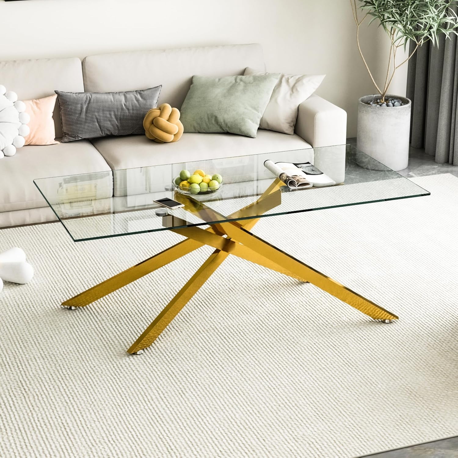Henf 47" Clear Glass Coffee Table Modern Rectangular Center Table ...