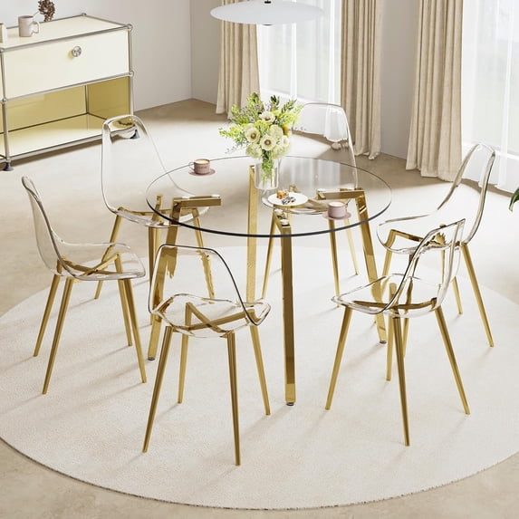 SUDICA 7-Piece Round Glass Dining Table Set with Gold Metal Legs and 6 Clear Plastic Chairs for Dining Room and Kitchen