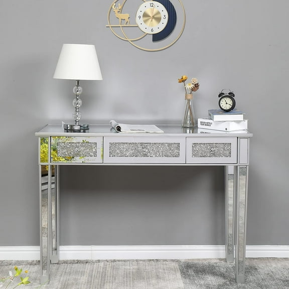 Henf Mirrored Vanity Desk Silver Console Table Sofa Table with 3 Faux Diamonds Drawers, Modern Glass Vanity Dressing Table Makeup Stand for Entryway/Foryer/Bedroom/Living Room