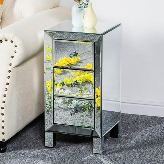 Henf Modern Mirrored Nightstand Small Bedside Table for Bedroom, Elegant 3 Drawer Nightstand with Crystal Knobs, Silver End Table Sofa Side Tables for Small Place Living Room Bedroom (Silver)