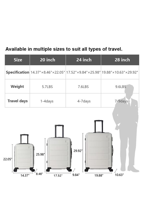 3 Piece White ABS Hardshell Luggage Set, 20 24 28 Inch Suitcase with Nested Design, Multi-Position Handle, 360 Degree Spinner Wheels and Interior Zippered Divider, Travel Luggage