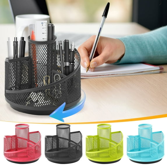 HengDidi 360-Degree Rotating Metal Mesh Pen Holder Multi Functional Desktop Storage Box with 3 Compartments, Durable Organizer for Office & Home Desk, Free Spinning Pen Bucket Container