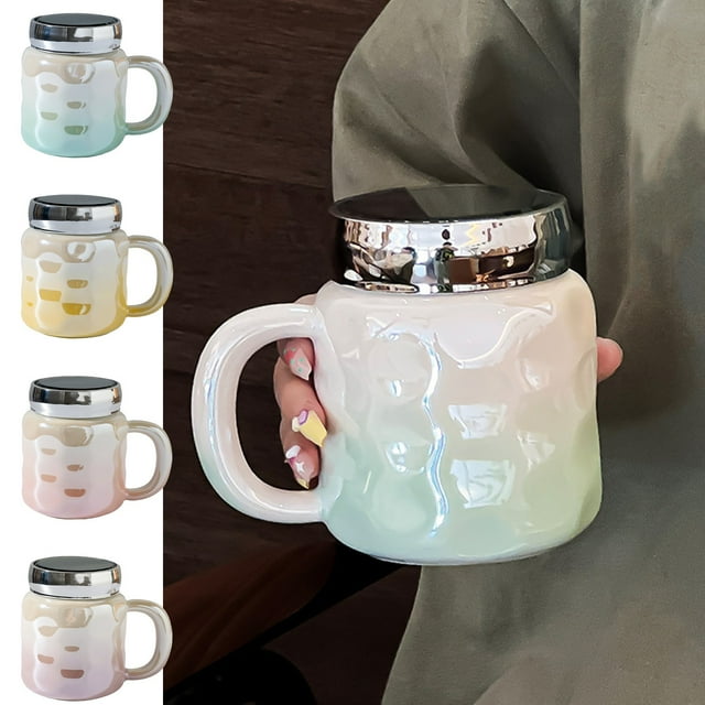 HengDidi 450ml Ceramic Mug with Lid, Beautiful Coffee Cup for Home Office, Sturdy Handle Design, Durable and Stylish in Multiple Colors