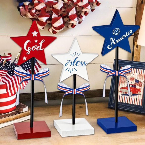 HengDidi 4th of July Wooden Star Decor Set - 3Pcs Patriotic Tabletop Accents for Home, Office, Party, Indoor Outdoor Holiday Decorations