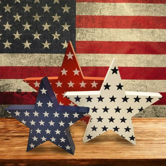 HengDidi 4th of July Wooden Star Decor Set - 3Pcs Patriotic Tabletop Accents for Home, Office, Party, Indoor Outdoor Holiday Decorations
