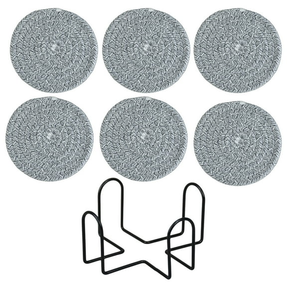 HengDidi 6-Piece Woven Yarn Placemat Set with Storage Holder, Round Non-Slip Heat Resistant Table Insulation Pads for Kitchen Counter and Dining, Durable Home Decor Coasters Ideal as Hostess Gift