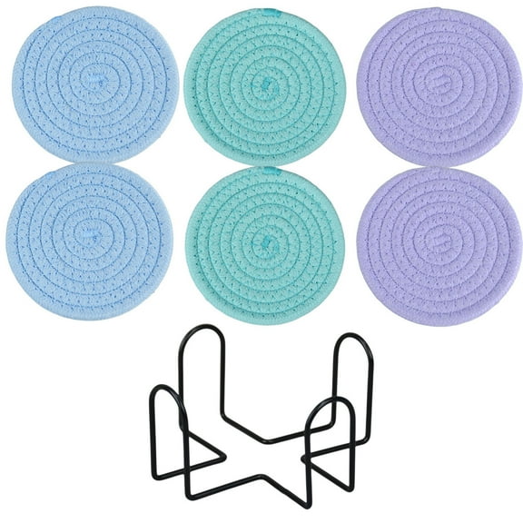 HengDidi 6-Piece Woven Yarn Placemat Set with Storage Holder, Round Non-Slip Heat Resistant Table Insulation Pads for Kitchen Counter and Dining, Durable Home Decor Coasters Ideal as Hostess Gift