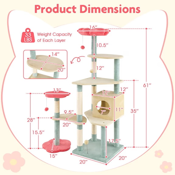 HengDidi 61 Inch Cat Tree with Scratching Posts, Flower Design Cat Tower with Plush Perch, Cozy Condo, Multi-Level Cat Activity Center for Indoor Cats Living Room