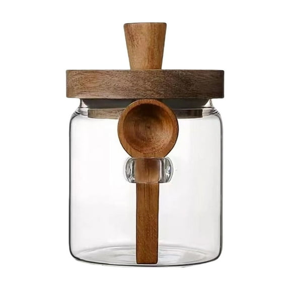 HengDidi Airtight Glass Storage Jar with Wooden Lid and Spoon, Transparent Pantry Organizer for Coffee, Tea, Snacks, Grains, and Kitchen Dry Food Containers (Brown)