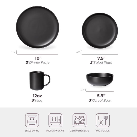 HengDidi Black Stoneware Dinnerware Set 12 Piece Microwave and Dishwasher Safe, Stackable Plates Bowls Mugs Sets Chip Resistant Matte Glaze, Complete Table Setting for 3, Everyday Dishes Kitchenware