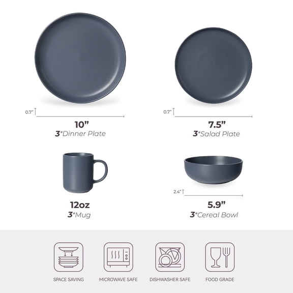 HengDidi Black Stoneware Dinnerware Set 12 Piece Microwave and Dishwasher Safe, Stackable Plates Bowls Mugs Sets Chip Resistant Matte Glaze, Complete Table Setting for 3, Everyday Dishes Kitchenware