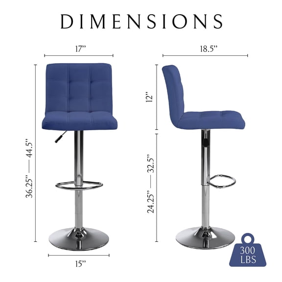 HengDidi Blue Bar Stools Set of 2 Modern Black PU Counter Height Barstool, High Padded Adjustable Swivel Barstools with Back for Bar Counter and Kitchen Island